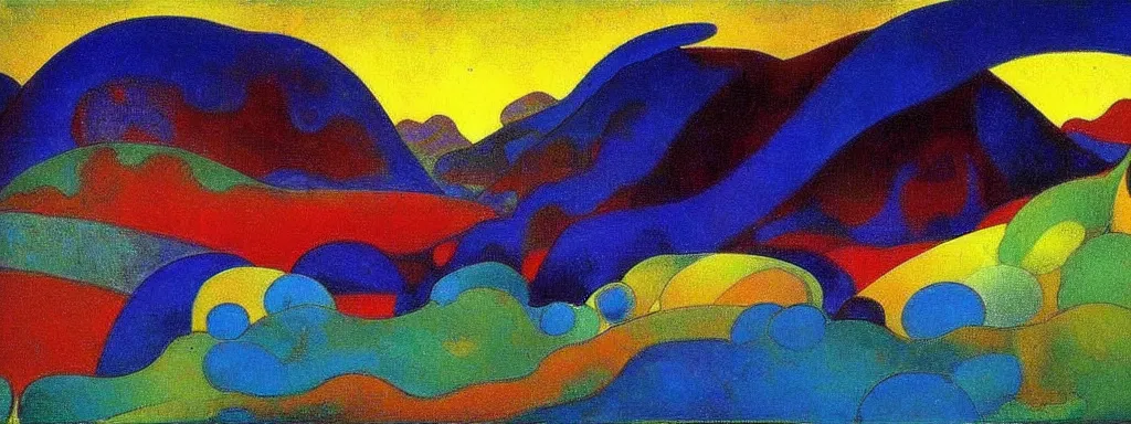 Image similar to An insane, modernist landscape painting. Wild energy patterns rippling in all directions. Curves, organic, zig-zags. Mountains, clouds. Rushing water. Waves. Psychedelic dream world. Odilon Redon. Andre Derain.