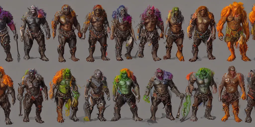 Image similar to different views of orcs, colourful intricate!! concept art by senior character artist, trending on artstation, full body character design