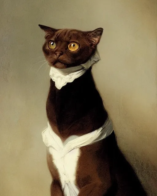 Image similar to cute brown burmese cat with serious expression wearing regency era menswear in navy and white, thomas lawrence, greg rutkowski