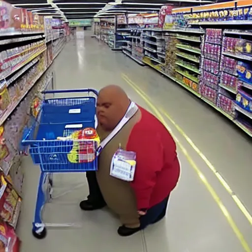 Prompt: obese man in walmart, high angle security camera,