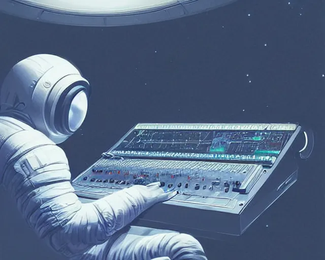 Image similar to an astronaut in a recording studio, looking at a glowing computer screen, using roland tr - 8 0 8 with his left hand and a roland tb - 3 0 3 with his right hand, there is not gravity in the recording studio and everything is floating, illustrated by greg rutkowski, [ digital art, synthwave art style ]!!