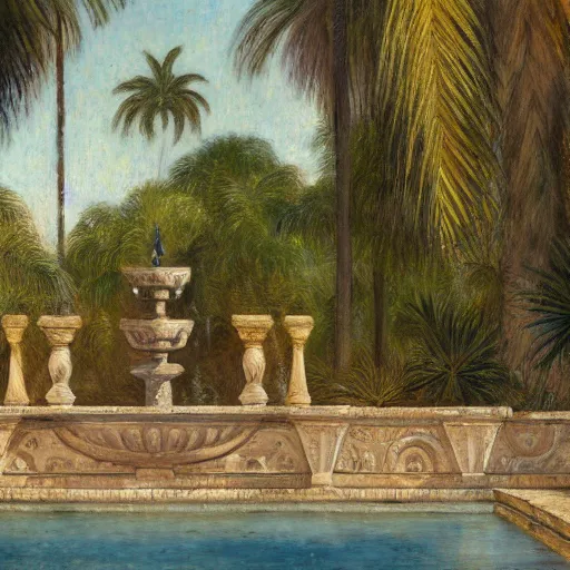 Image similar to a ultradetailed beautiful painting of a old fountain in the amazonas palace balustrade designed by jules bastien - lepage, tarsila do amaral, frank weston and gustave baumann, beach, trending on artstation, mediterranean, palm trees, sharp focus, soft light, 8 k 4 k