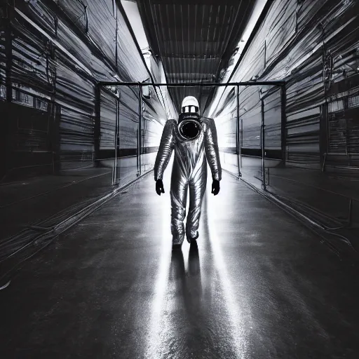 Image similar to mysterious man in silver space suit, walking on a small industrial catwalk, floating in the darkness of space, with a black background, photograph, wide angle, long shot