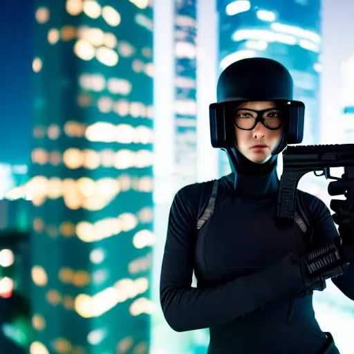 Image similar to photographic portrait of a 2d techwear woman holding a gun, closeup, on the rooftop of a futuristic city at night, sigma 85mm f/1.4, 4k, depth of field, high resolution, 4k, 8k, hd, full color