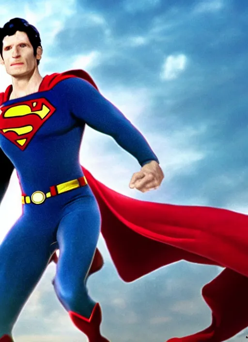 Prompt: film still of Todd Howard as Superman in Superman, 4k