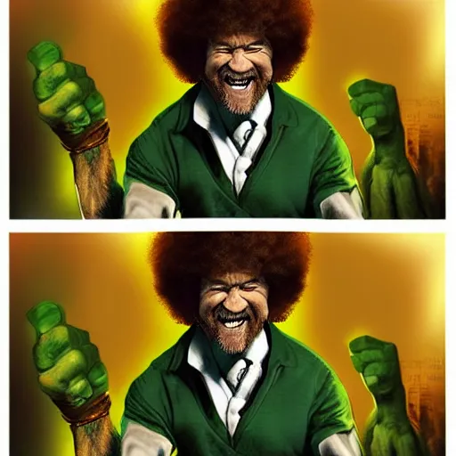 Prompt: photomanipulation of BOB ROSS as hulk, marvel