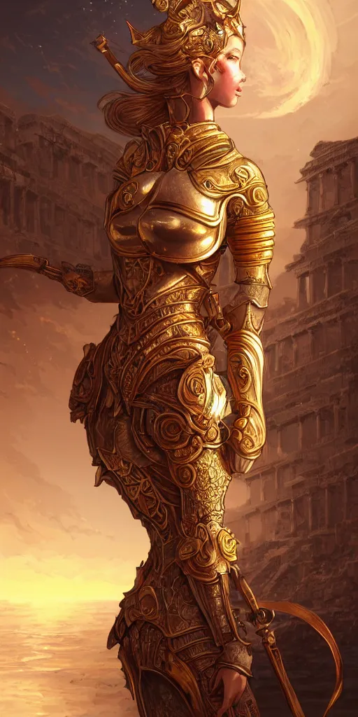 Image similar to portrait knights of zodiac girl, golden and copper shining armor, in ruined agora of athens sunrise, ssci - fi and fantasy, intricate and very very beautiful and elegant, highly detailed, digital painting, artstation, concept art, smooth and sharp focus, illustration, art by ilya kuvshinov and tian zi and wlop and z - - ed