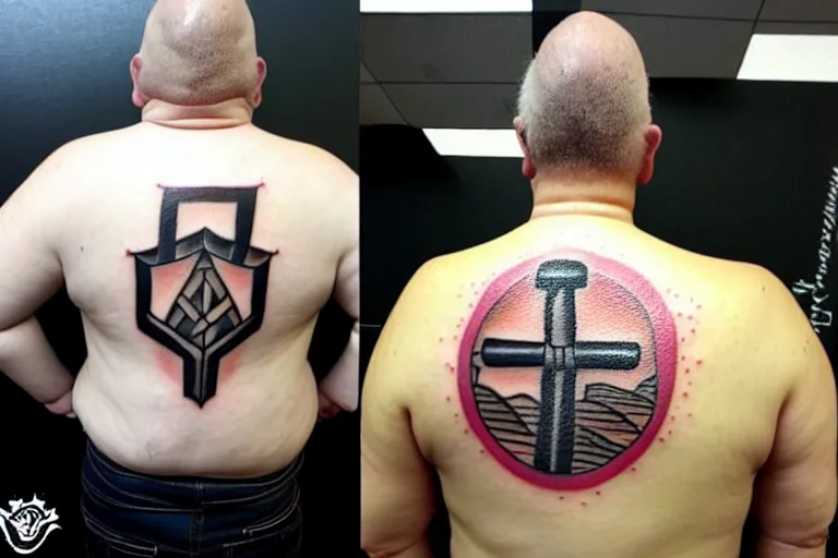 Image similar to ugly amateur tattoo of Mjölnir on a chubby middle-aged man's back