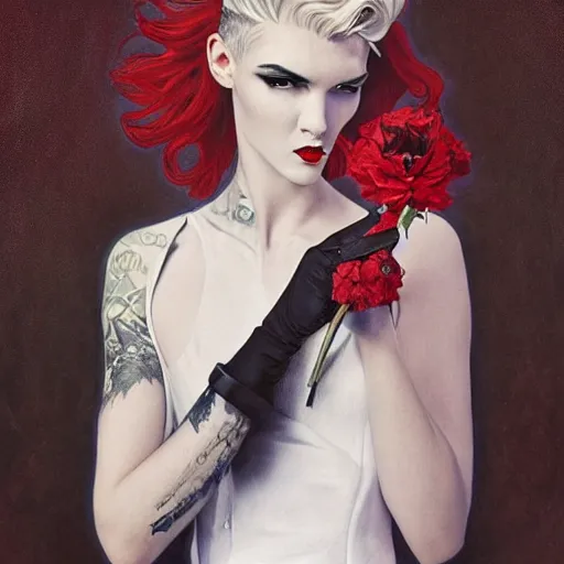 Image similar to beautiful portrait of androgynous ruby rose as desire from sandman in a white tuxedo!!!, rockabilly style, by alphonse mucha, cedric peyravernay, by jeremy mann, by frank moth, white suit and black tie, soft lightning, canon eos c 3 0 0, ƒ 1. 8, high detailed, 8 k