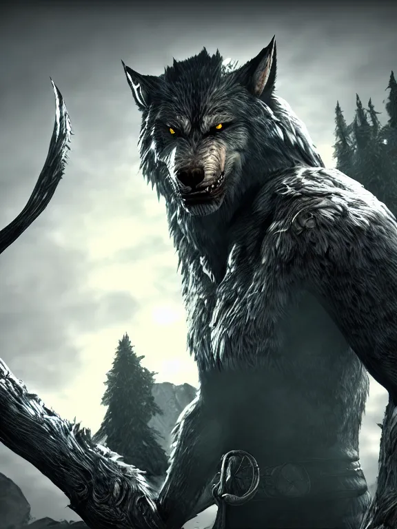 Prompt: cute handsome cuddly burly surly relaxed calm werewolf from van helsing unreal engine hyperreallistic render 8k character concept art masterpiece screenshot from the video game the Elder Scrolls V: Skyrim