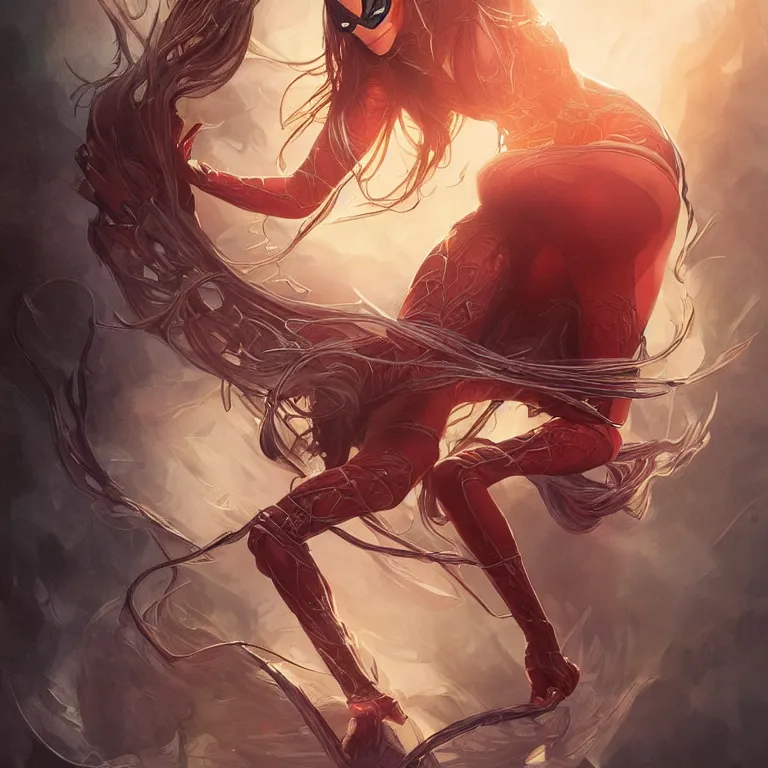 Prompt: portrait of Spiderwoman, D&D, fantasy, highly detailed, digital painting, artstation, smooth, sharp focus, illustration, art by artgerm and greg rutkowski and alphonse mucha