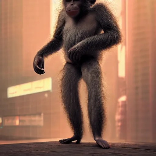 Image similar to Photography of ultra mega super hyper realistic detailed monkey by Hiromasa Ogura wearing cyberpunk style suit . Photo full lenght view on Leica Q2 Camera, Rendered in VRAY and DaVinci Resolve and MAXWELL and LUMION 3D, Volumetric natural light. Wearing cyberpunk suit with many details by Hiromasa Ogura .Rendered in VRAY and DaVinci Resolve and MAXWELL and LUMION 3D, Volumetric natural light