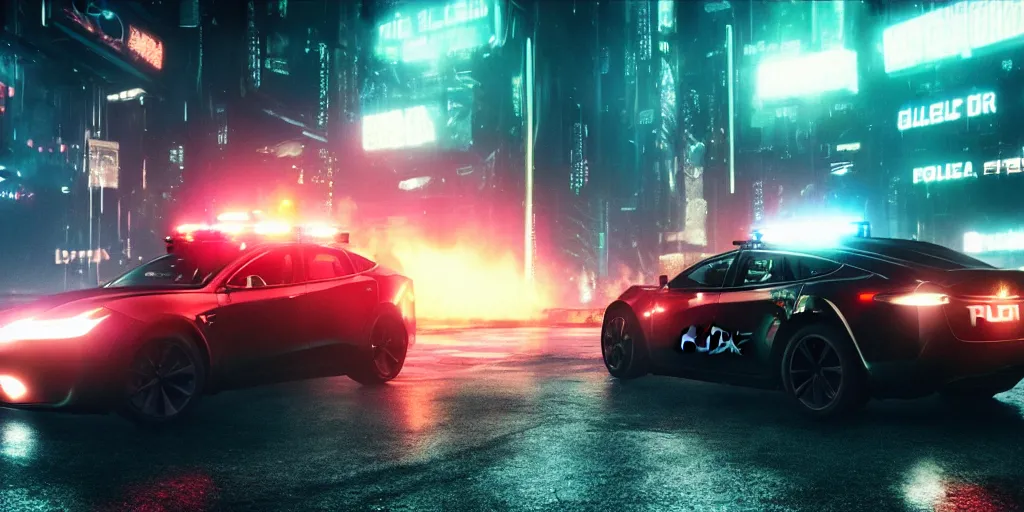 Image similar to film still from blade runner, cyberpunk tesla police car chasing cars, rocket league, global illumination, volumetric lighting