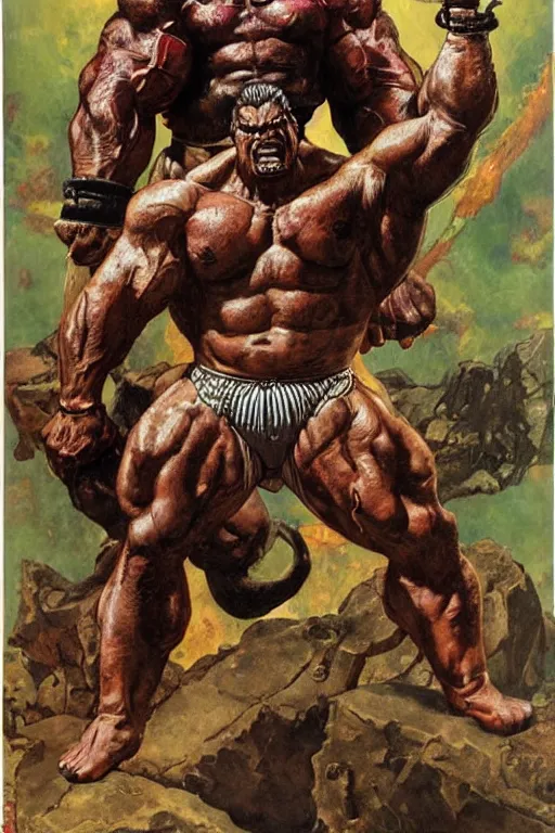 Image similar to full body portrait of huge hulking rich piana as demonic emperor, simple background, painted by jack kirby, lawrence alma tadema, norman rockwell, greg staples, wayne barlow, jacob collins, neville page