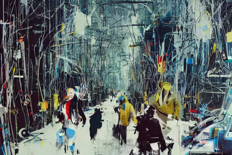 Image similar to winter, walls by john berkey, covered in graphitti of a winter goddess by banksy, basquiat, cleon peterson, dramatic cinematic lighting, manicured solarpunk greenery, high fashion futuristic people walk past