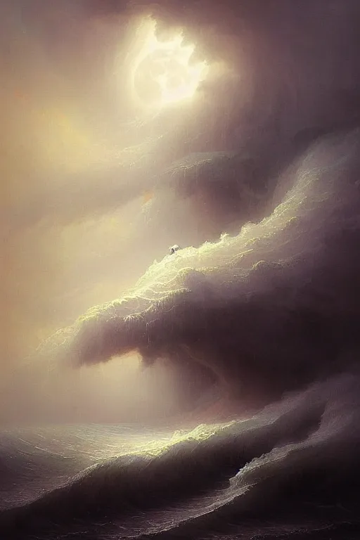 Image similar to A stunning detailed water deity by Ivan Aivazovsky, Peter Mohrbacher , Greg Rutkowski, stormy ocean, beautiful lighting, full moon, detailed swirling water tornado, artstation