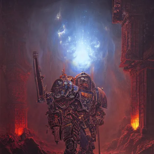 Image similar to photorealistic warhammer 4 0 k in the style of michael whelan and gustave dore. hyperdetailed photorealism, 1 0 8 megapixels, fully clothed, lunar themed attire, amazing depth, glowing rich colors, powerful imagery, psychedelic overtones, 3 d finalrender, 3 d shading, cinematic lighting, artstation concept art