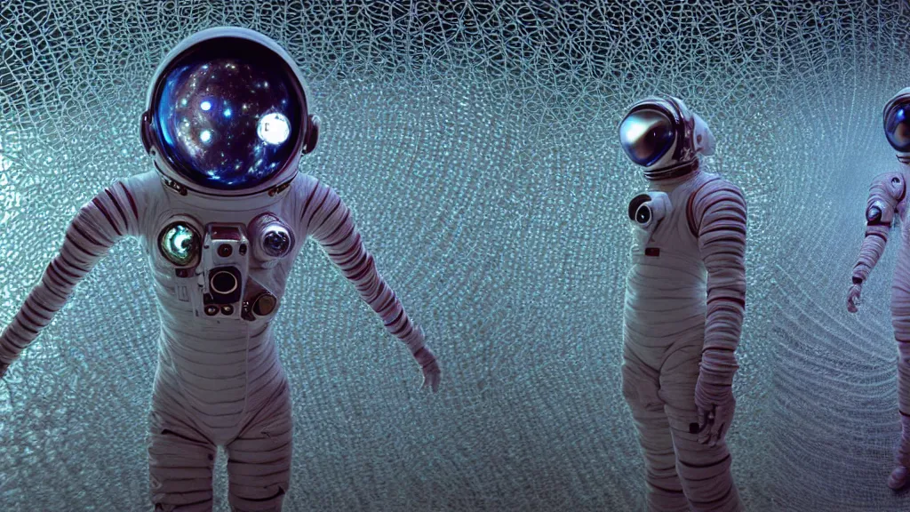 Image similar to a cybernetic symbiosis of a single astronaut eva suit made of pearlescent wearing knitted yarn thread infected with diamond 3d fractal lace iridescent bubble 3d skin covered with stalks of insectoid compound eye camera lenses floats through the living room, film still from the movie directed by Denis Villeneuve with art direction by Salvador Dalí, wide lens,