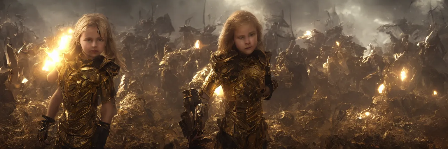 Image similar to a single young girl wearing a gold armor standing in a battlefirld, surrounded by dead bodies, extremely realistic and highly detailed 8 k, sharp focus, octane render, dramatic volumetric lighting and extremely realistic faces