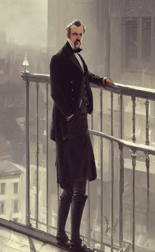 Image similar to Portrait of a victorian gentleman standing on a balcony, male, detailed face, 19th century, highly detailed, cinematic lighting, digital art painting by greg rutkowski