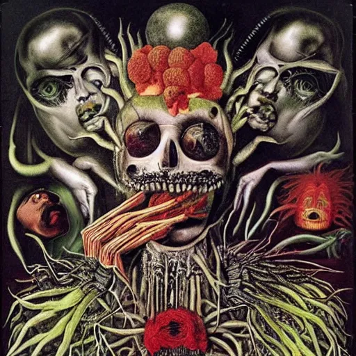 Image similar to post - punk new age album cover, magic, apocalypse, psychedelic, black white pink, magic, giger h. r., giuseppe arcimboldo