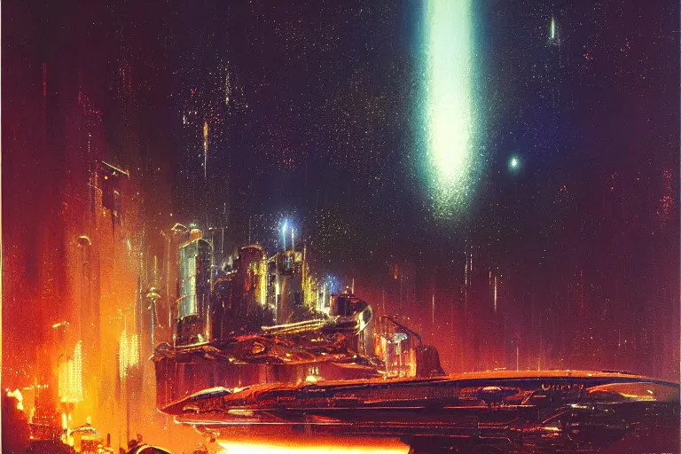 Image similar to C-beams glittering in the dark near the Tannhäuser Gate by john harris and john berkey, matte, masterpiece, atmospheric, wide angle shot