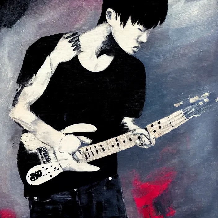 Image similar to large diagonal brush strokes, abstract dark painting of a young korean male musician wearing black tank top holding a telecaster!!! electric guitar!! in a dark room, thick flowing dramatic brush strokes, matte colors, abstract, impressionist, motion, trending on artstation