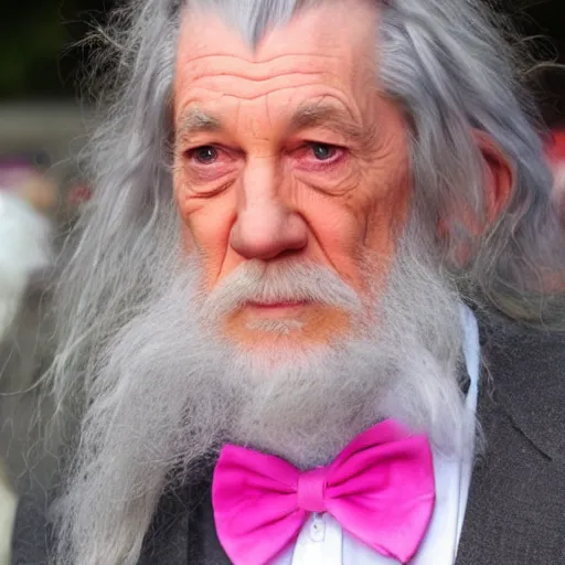 Prompt: gandalf with a pink bowtie on the side of his head