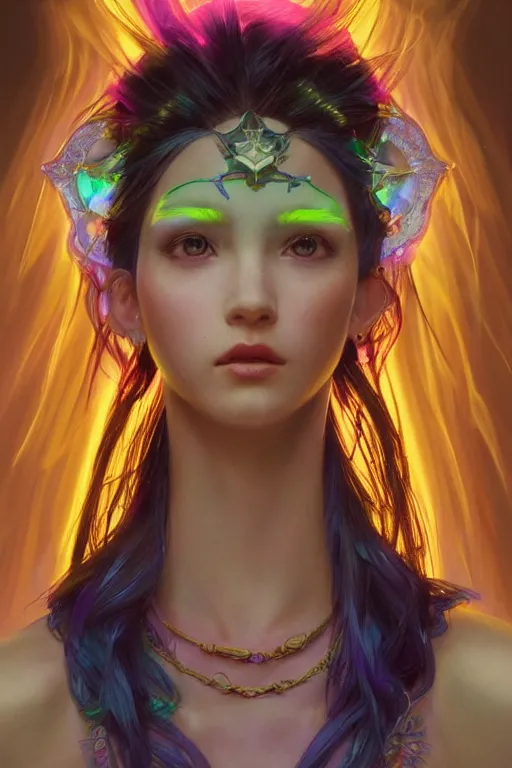 Image similar to flourescent vaporwave portrait of jewel elf oracle physically accurate, moody dynamic lighting, very very intricate, very very elegant, highly detailed, concept art, smooth, very beautiful, sharp focus, illustration, art by Rob Lefield and Dan Mumfordand artgerm and greg rutkowski and alphonse mucha digital painting, artstation, trending on artstation, digital art,surrealism ,macro,blueprint ,vaporwave ,