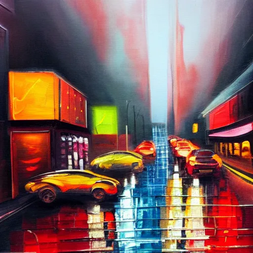 Image similar to city streetscape, dark road with cars, people at night, tall buildings with shops below at street level, neon lights above shops, headlights and stop lights illuminating surroudings, raining, very dark lighting, abstract oil painting