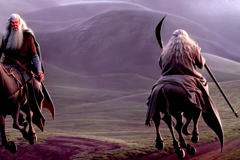 Image similar to gandalf riding into the shire on a horse drawn cart, style of h. r. giger, cinematic, movie still, cgi, directed by ridley scott