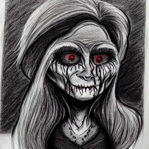 Prompt: a scary horror themed aunt, drawn with charcoal and pen and ink, half-tone-line-stacking