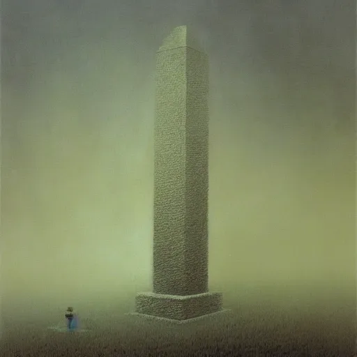 Prompt: arm reaching out of thick fog, rows of obelisks in background, intricate zdzislaw beksinski