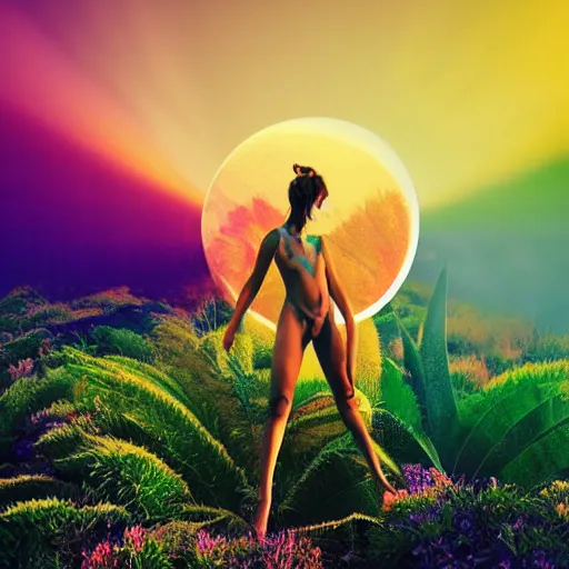 Image similar to A picture of a planet of various colors and plants, in which a human figure dressed in something magical and impressive, inside a picture of infinity, sunset light, Atmospheric Phenomenon art photography