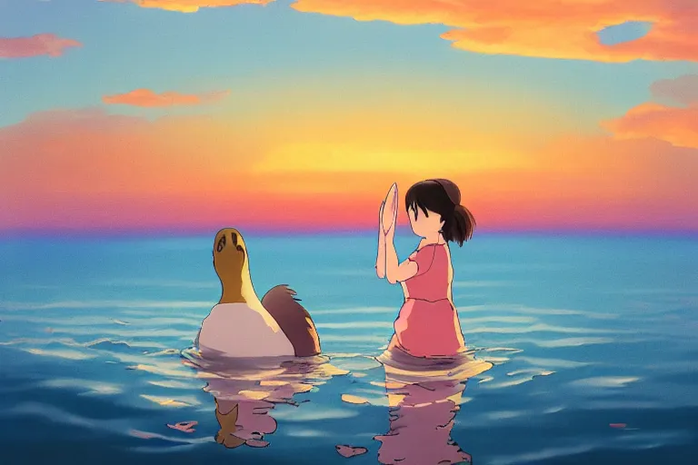 Prompt: a dreamy studio ghibli painting of a duck and a woman hugging each other near the water during a beautiful sunset, in the style of studio ghibli, highly detailed, 4K, smooth, trending on artstation