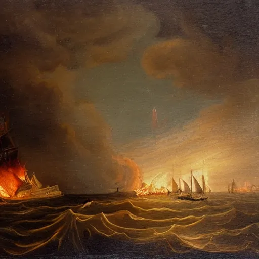 Prompt: oil painting of a ship on stormy waters, the ship is burning, 1 8 th century, antique painting