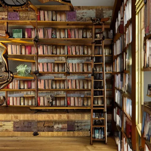 Prompt: built in bookshelf full of old books, plants and steampunk items, high resolution