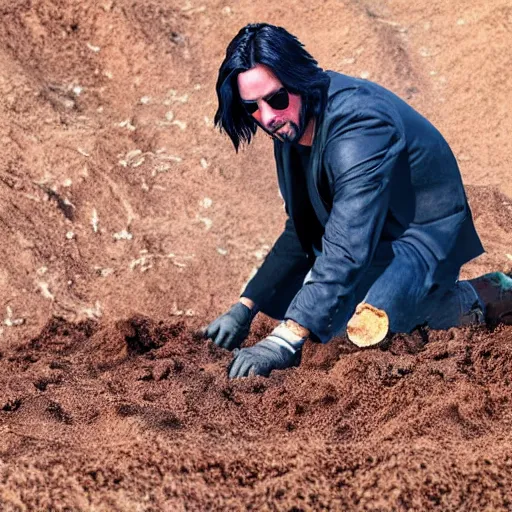 Image similar to keanu reeves planting potatoes in belarus, instagram photo, photorealistic, hyper detailed, hyper realistic, houdini, vfx, unreal engine 5, octane render, 8 k, full hd