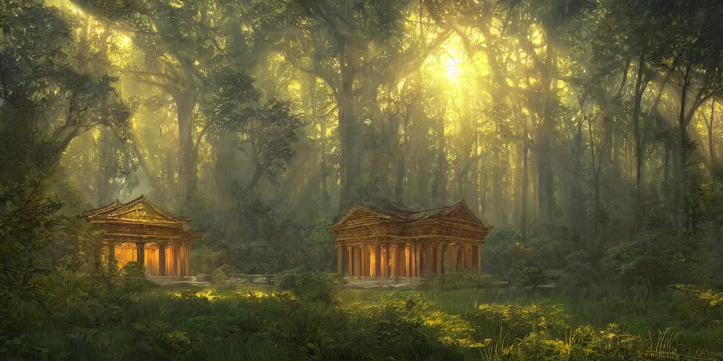 Image similar to Ancient temple lost in the heart of the forest belonging to the ancient goddess of earth and trees | dramatic light | cinematic lighting | sunshafts, volumetric lighting | golden hour | style of donato giancola