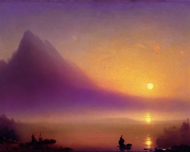 Image similar to clouds that look like mountains, figure with a guitar behind mist, sunrise, purple and blues, art by Ivan Aivazovsky