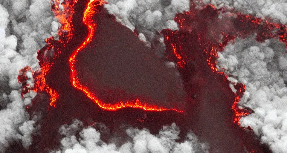 Image similar to a volcano made of ivory vines and crimson rocks enters in eruption, it spits a smoke in the shape of demonic eye, from Guild Wars