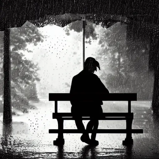 Image similar to a silhouette of a man on a bench while its raining looking down, 4k, digital art, hyper detailed