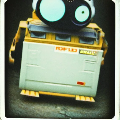 Image similar to WALL-E returning from the war, old polaroid