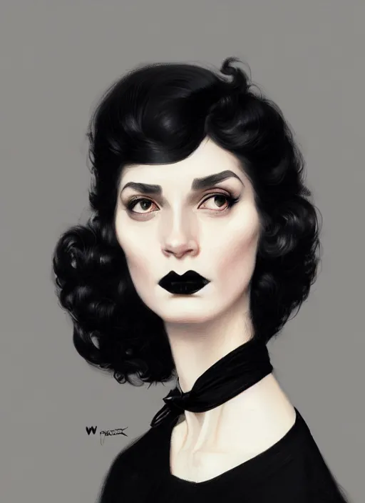 Image similar to portrait of a woman with a crooked nose and a confident expression, 1 9 6 0 s, black clothes, goth, punk, funk, intricate, elegant, highly detailed, digital painting, artstation, concept art, smooth, sharp focus, illustration, art by wlop, mars ravelo and greg rutkowski