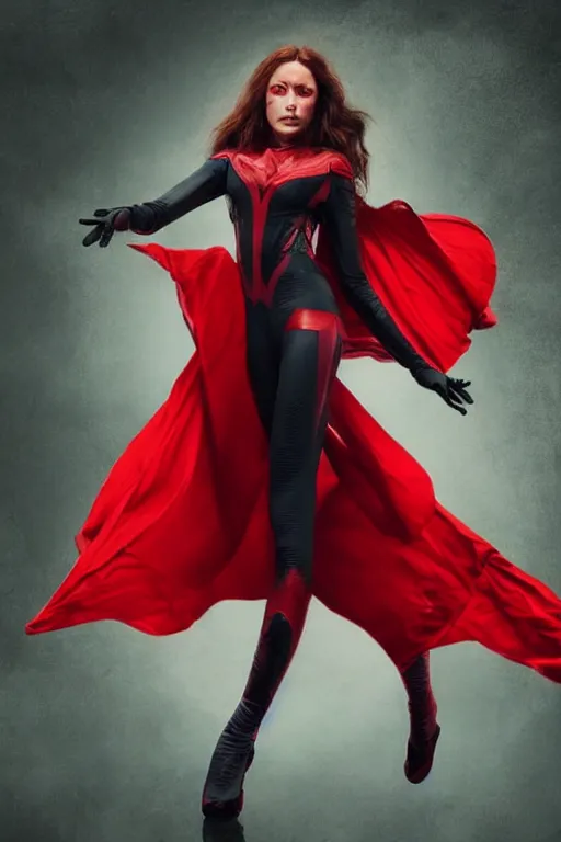 Prompt: marvel superhero, beautiful woman, floating in the air, red tight costume and red long hair, black cloak, power field around her, detailed portrait, dark background texture, 8 k, concept art, illustration by john byrne and terry austin. cinematic dramatic atmosphere, sharp focus, volumetric lighting, cinematic lighting, studio quality