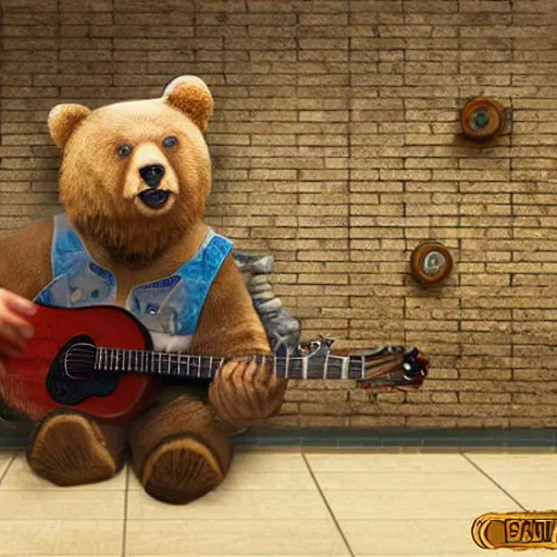 Prompt: realistic bear playing guitar in Subway, fantasy, epic detail, sharp, photorealistic, atmospheric,