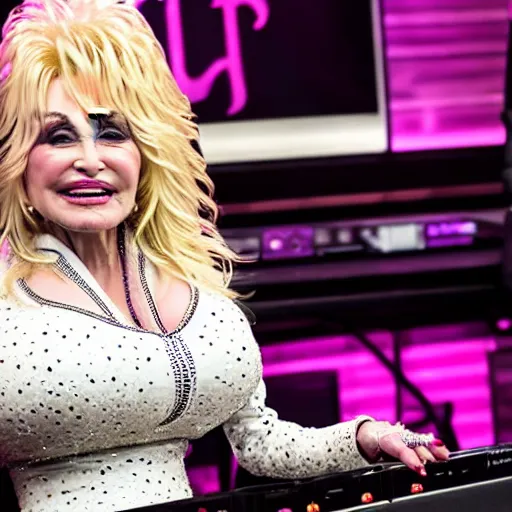 Image similar to dolly parton on the dj decks