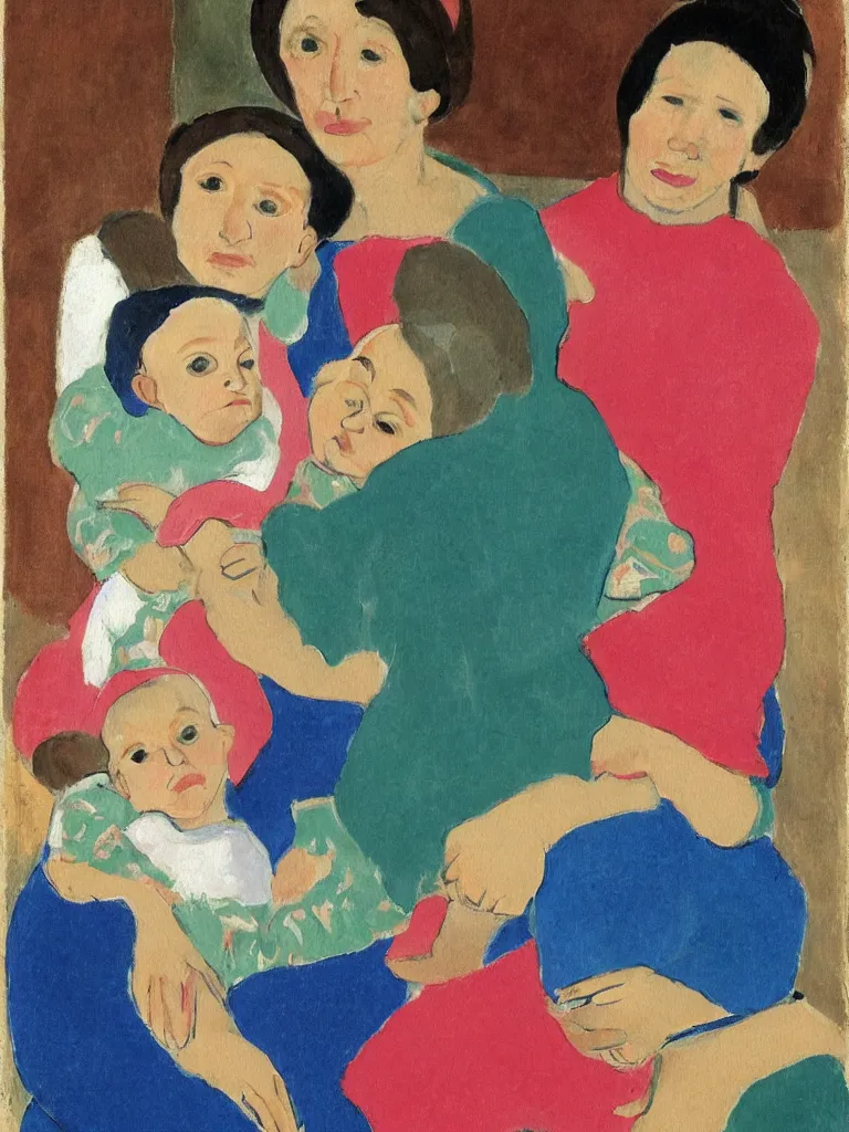 Image similar to portrait of a old woman holding a younger woman on her lap, that holds another, even younger woman, holding a girl holding a baby. painting by matisse