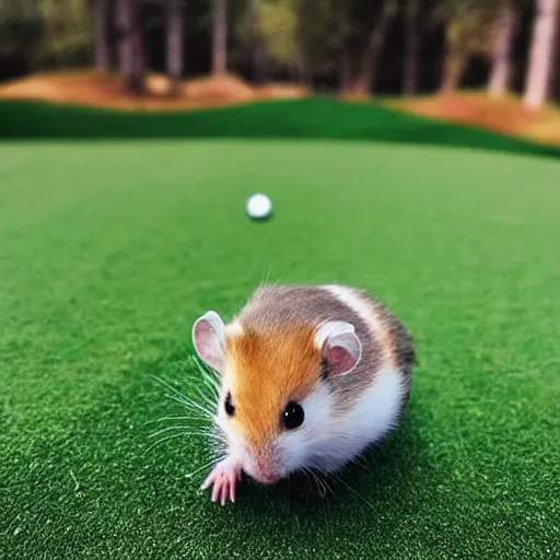 Image similar to “ hamster coming out of a golf hole, golf flag next to the hole ”