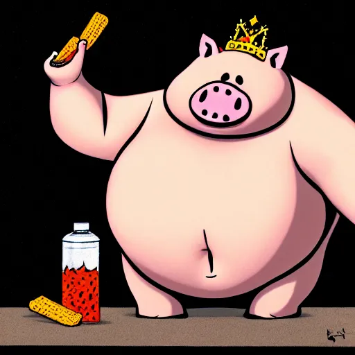 Image similar to comic art of a obese pig in a black tshirt wearing a crown eating snacks, drawn by Bruce MacKinnon, vivid color, cgsociety 4K